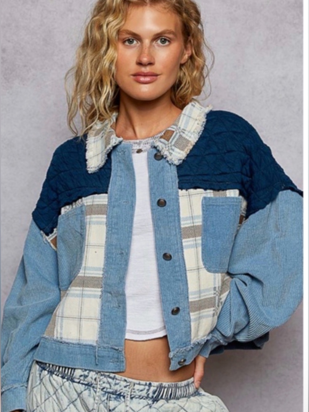 NWT POL Clothing Patchwork Corduroy Plaid Quilted Shacket